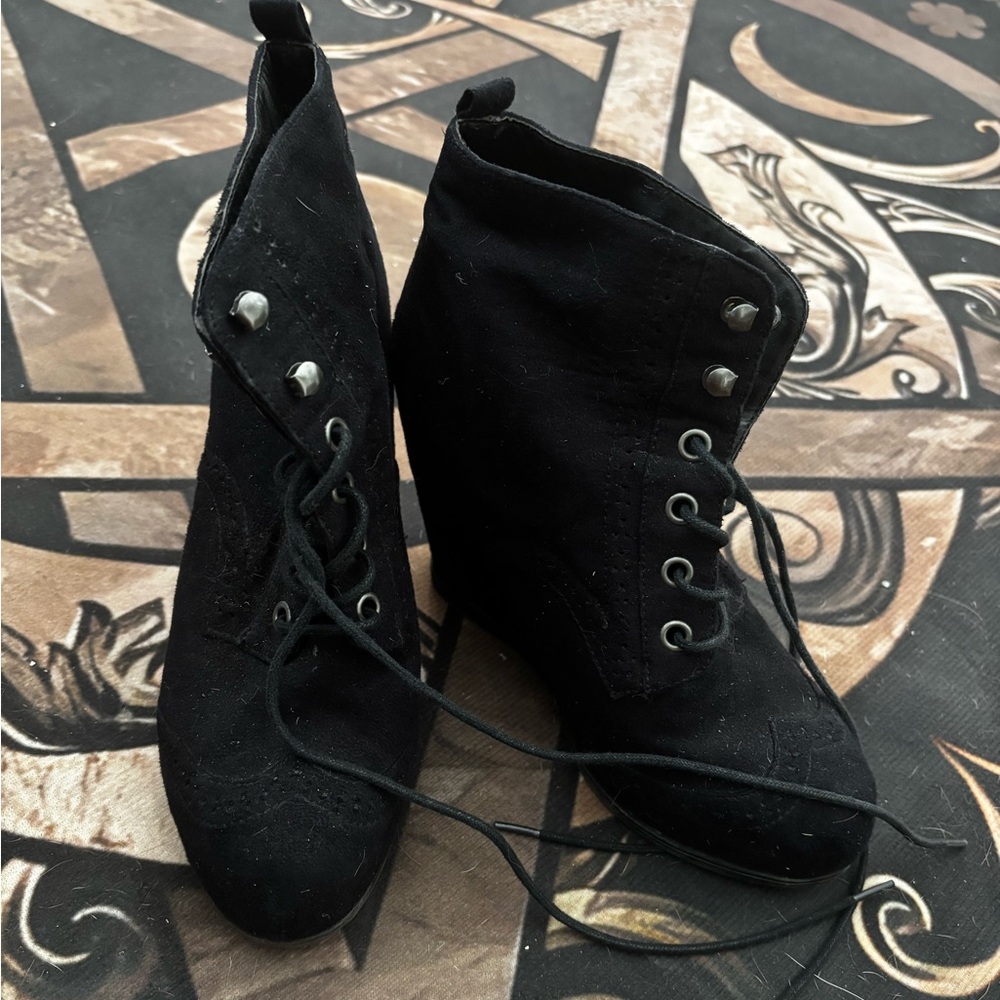 Black Lace Up Wedge Booties